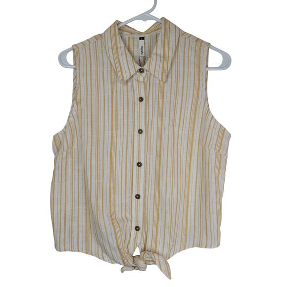 Sybilla Women's Yellow Cream Striped Tie in Front Sleeveless Blouse Sz L - Picture 1 of 9